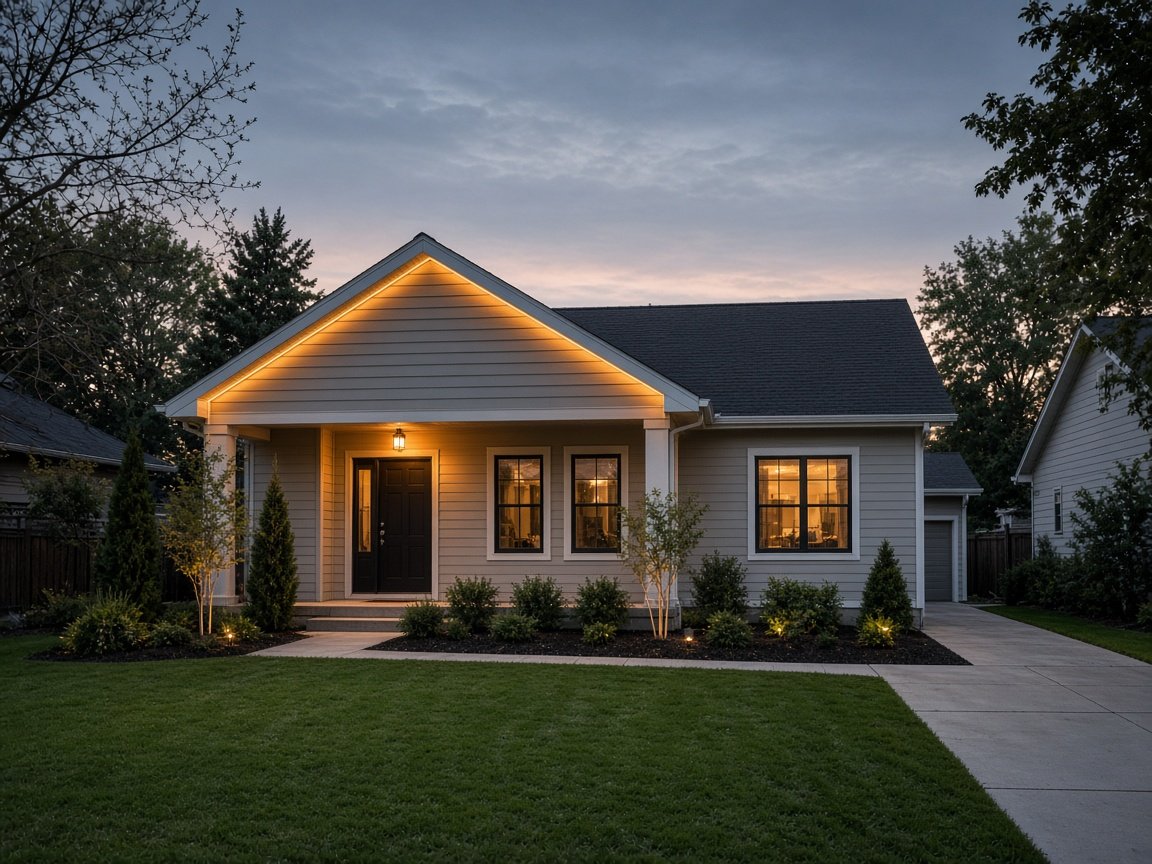 Starter home with warm eave lighting
